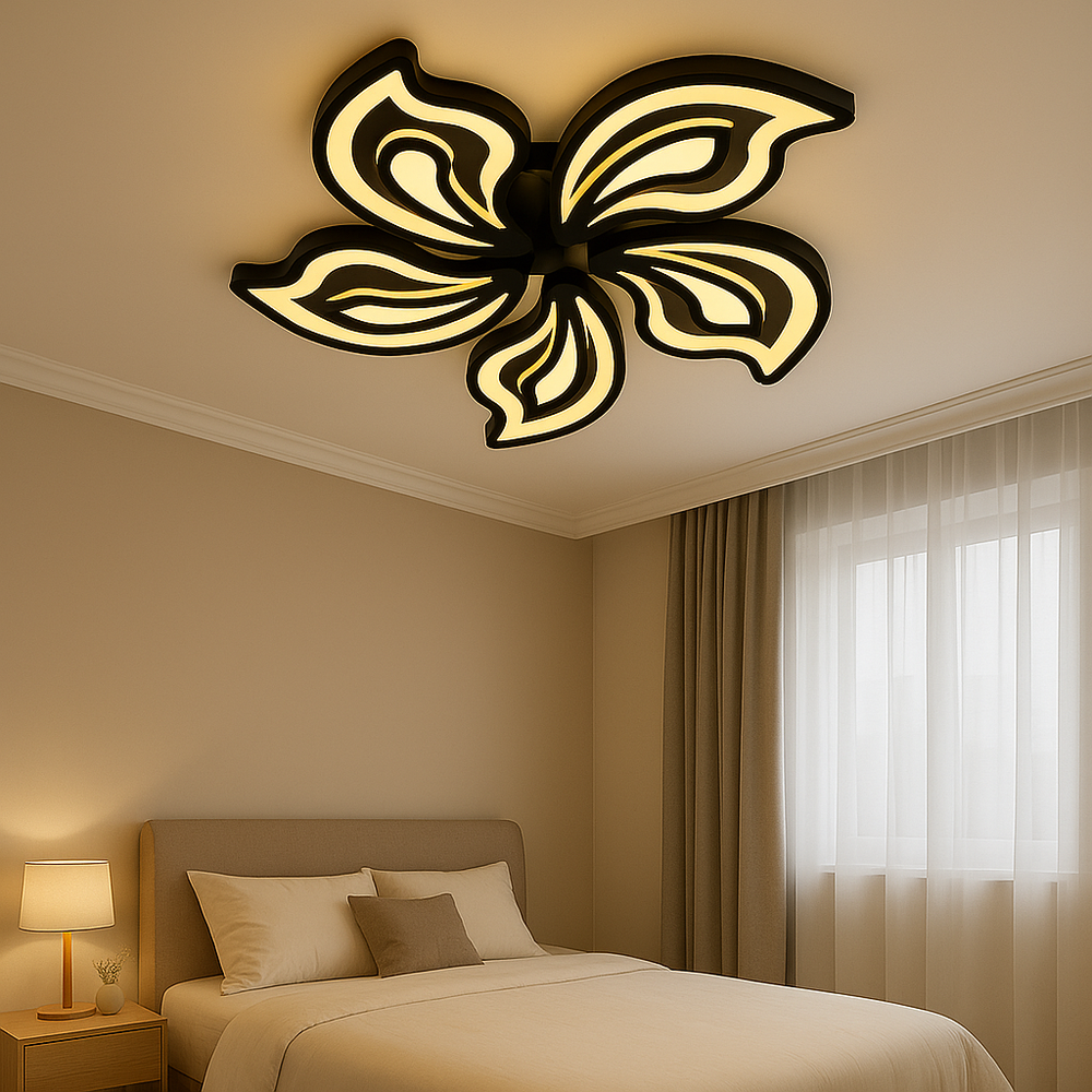Lustra LED floral negru cu petale curbate, 150W, lumina ajustabila cu telecomanda, scena dormitor modern Ø690.