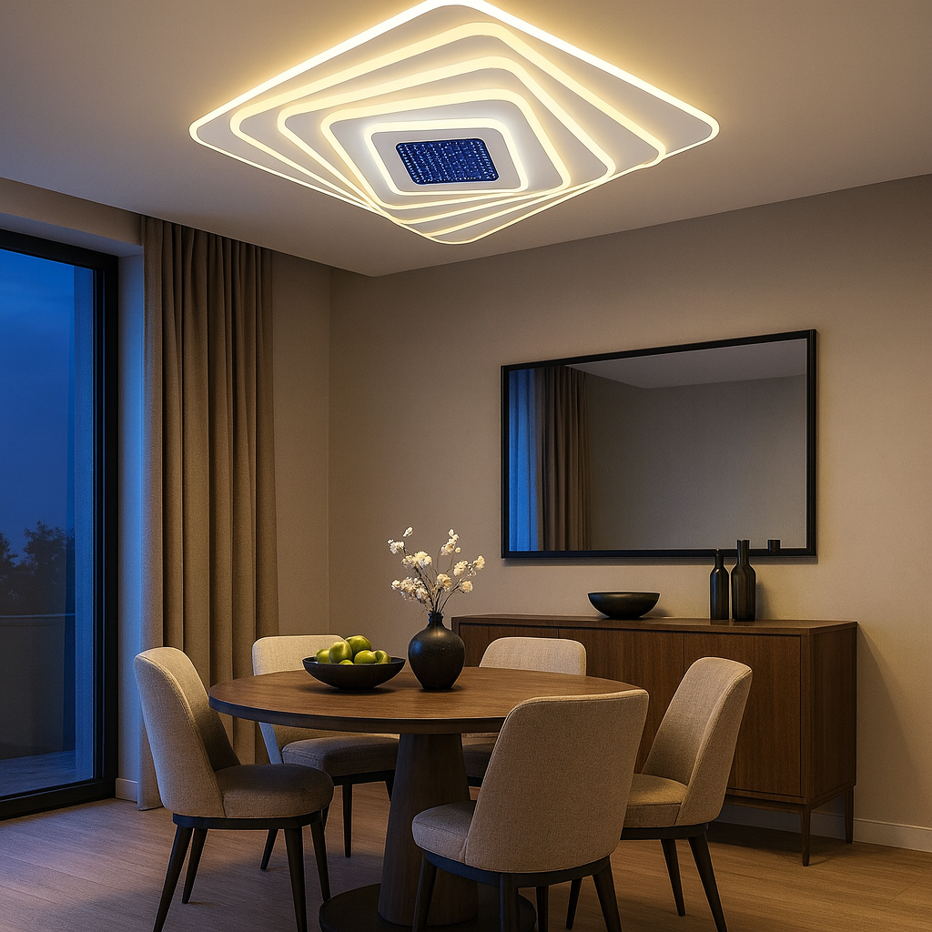 Lustra LED 19129/500D patrata cu telecomanda, iluminand un dining modern cu lumina LED reglabila 3000–6500K.