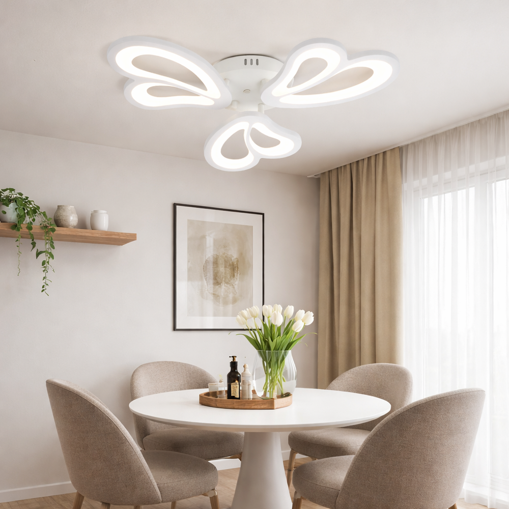 Lustra LED alba cu 3 brate si telecomanda montata deasupra mesei in dining room modern