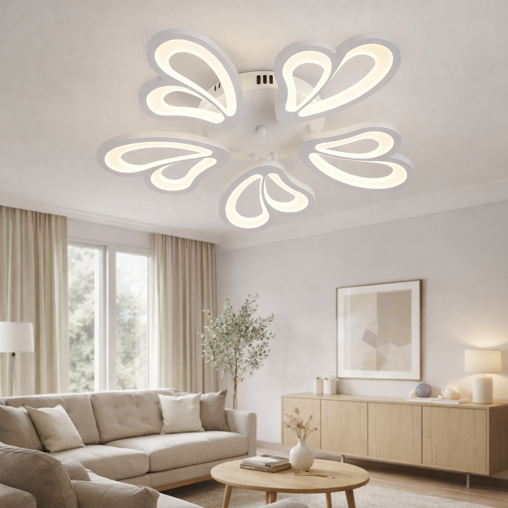 Lustra LED rotunda alba 80W cu telecomanda montata pe tavan in living modern