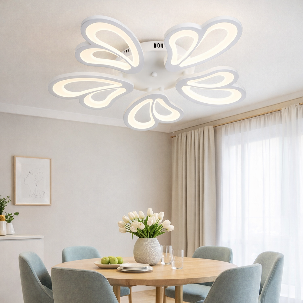 Lustra LED rotunda alba 80W cu telecomanda montata deasupra mesei in dining room modern