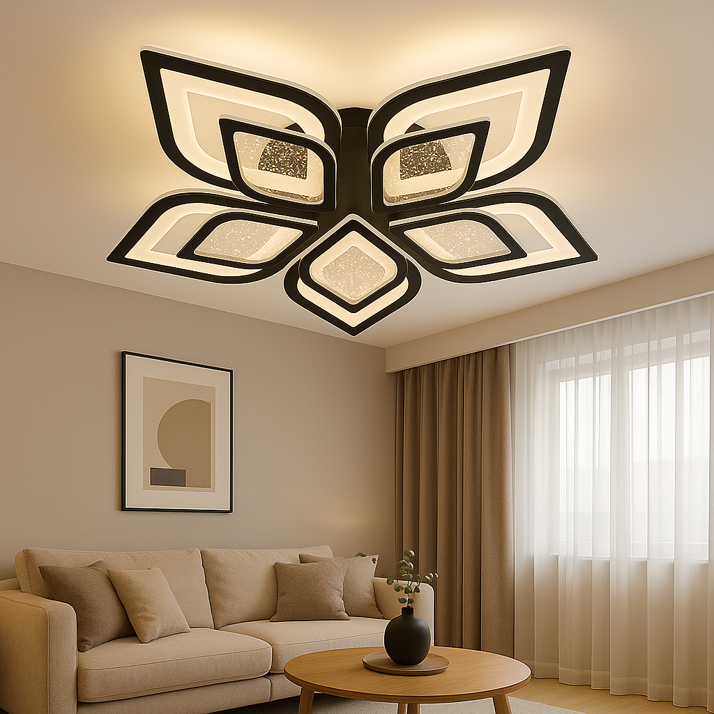 Lustra LED 19185/5 rotunda cu telecomanda, lumina reglabila 3000–6500K, montata in living modern cu iluminare puternica.