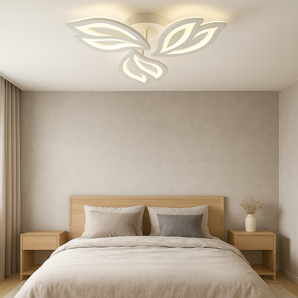 Lustra LED 19250/3WH cu aspect floral alb, lumina reglabila si telecomanda, instalata in dormitor minimalist pentru iluminare confortabila.