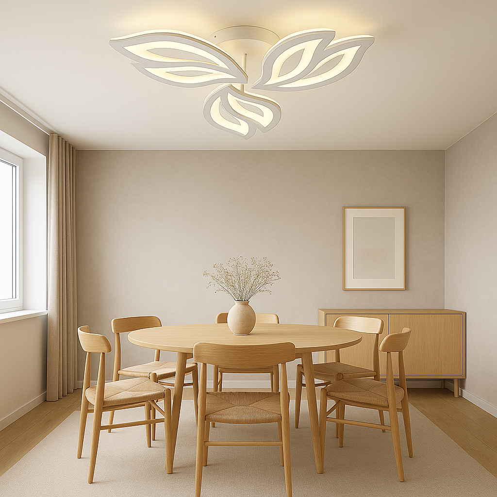 Lustra LED 19250/3WH alba, stil floral, lumina reglabila 3000–6500K cu telecomanda, potrivita intr-o zona de dining moderna si aerisita.