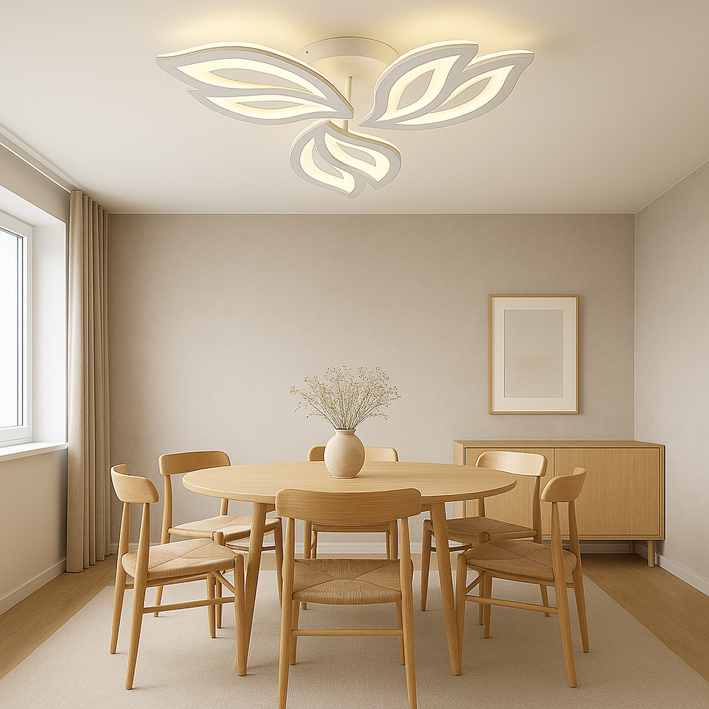 Lustra LED 19250/3WH alba, stil floral, lumina reglabila 3000–6500K cu telecomanda, potrivita intr-o zona de dining moderna si aerisita.