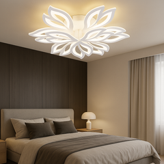 Lustra LED 19250/6+3N WH 160W cu lumina reglabila si telecomanda, folosita intr-un dormitor modern pentru confort vizual si ambianta ajustabila.