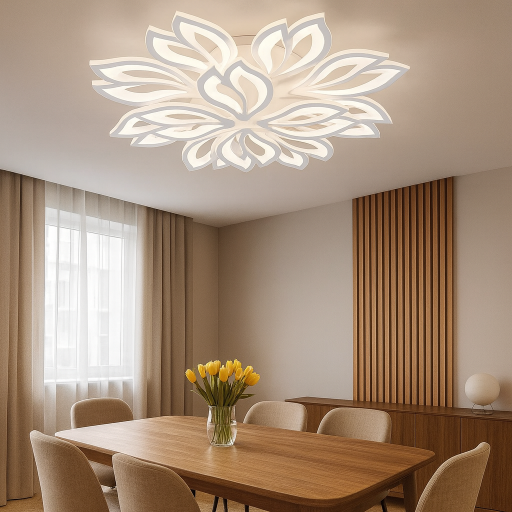 Lustra LED 19250/8+4N WH 240W cu lumina ajustabila 3000–6500K si telecomanda, utilizata intr-un dining modern pentru atmosfera uniforma si eleganta.
