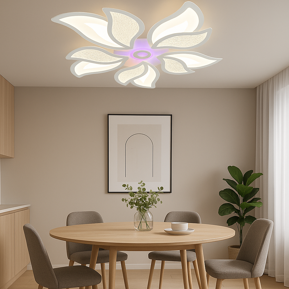 Lustra LED 19252/5+5+1WH 238W cu lumina ajustabila 3000–6500K si telecomanda, utilizata intr-o zona de dining moderna pentru iluminare eficienta.