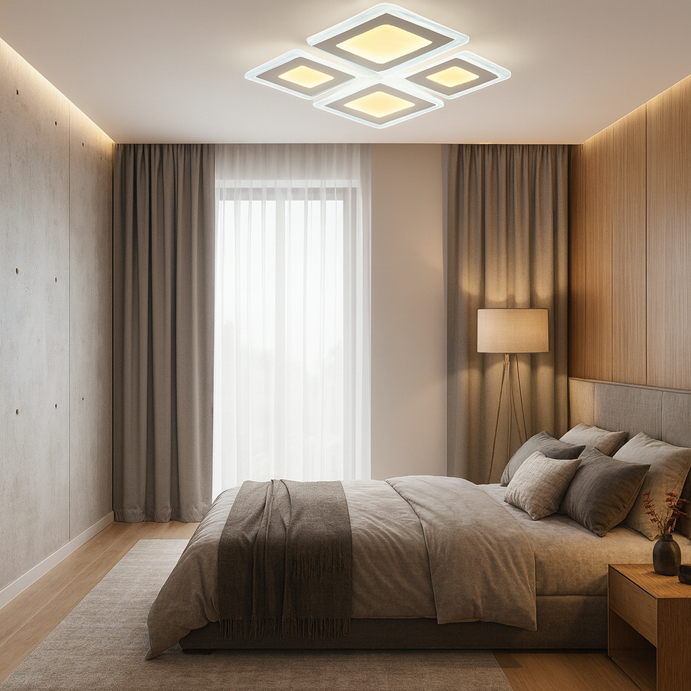 Lustra LED 19265-2+2 200W dreptunghiulara, instalata in dormitor modern, oferind iluminare uniforma si confort vizual ridicat.