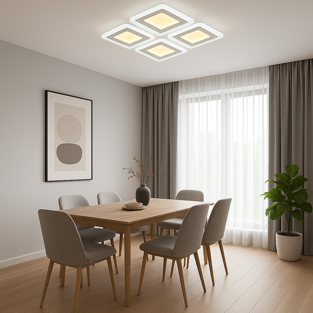 Lustra LED 19265-2+2 200W cu design dreptunghiular, folosita in zona de dining moderna pentru lumina puternica si eficienta.
