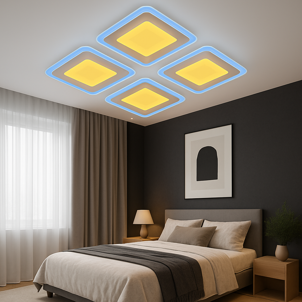 Lustra LED 19265/4 208W, Ø500mm, cu 3 culori selectabile, instalata in dormitor modern pentru lumina eficienta si confort vizual.