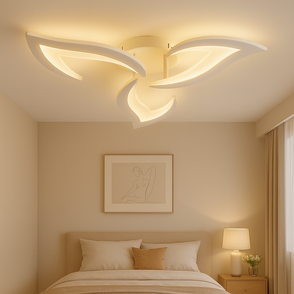 Lustra LED 19302/3N WH 42W Ø565mm, lumina reglabila 3000–6500K, instalata in dormitor modern, control prin telecomanda pentru confort zilnic.