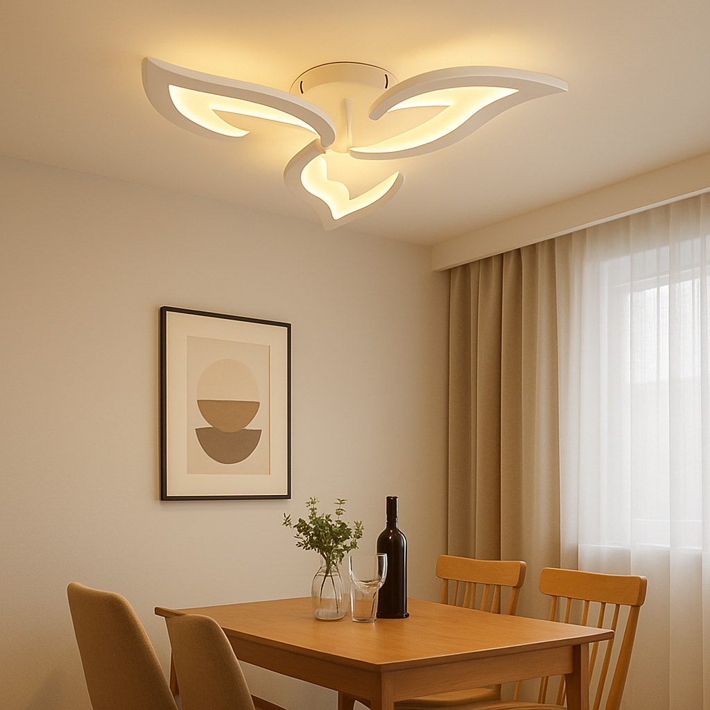 Lustra LED 19302/3N WH 42W Ø565mm, cu temperatura 3000–6500K, folosita in zona de dining pentru iluminare uniforma si control prin telecomanda.