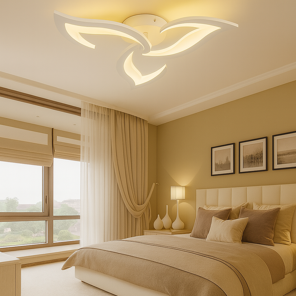 Lustra LED 19302/3N WH 42W Ø565mm, lumina reglabila 3000–6500K, instalata in dormitor modern, control prin telecomanda pentru confort zilnic.