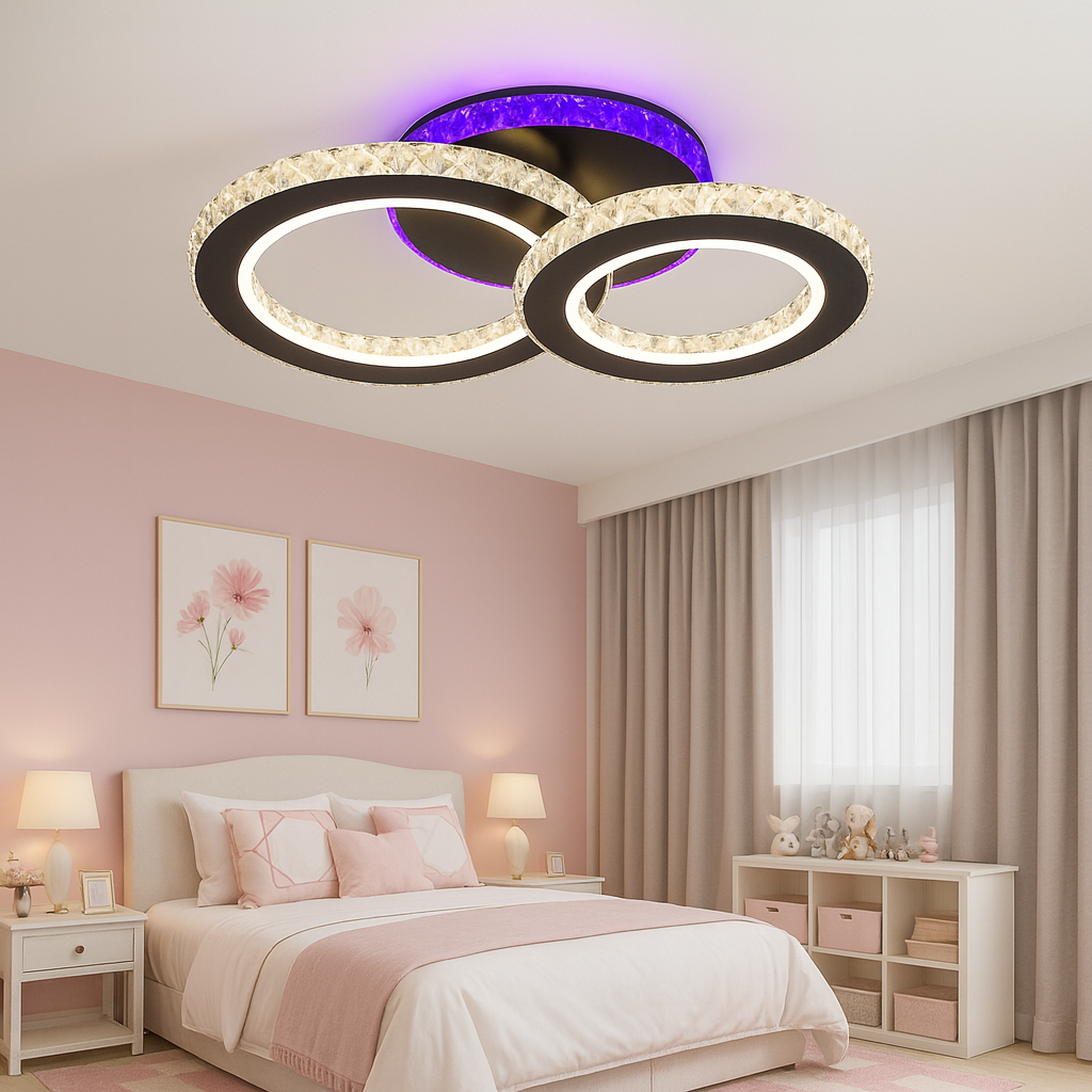 lustra LED 19373/2BK+CH 60W lumina reglabila 3000–6500K cu telecomanda, potrivita pentru dormitor modern cu iluminare uniforma