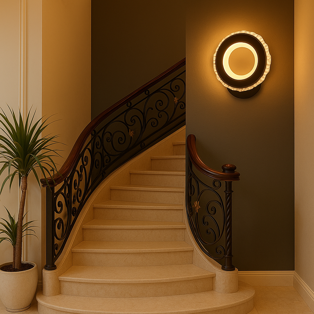 Aplica LED Chroma 24W negru+crom, instalata pe un hol modern pentru lumina clara si contrast vizual elegant