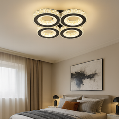 Lustra LED 96W geometrica negru crom cu telecomanda, perfecta pentru un dormitor modern si iluminare reglabila.