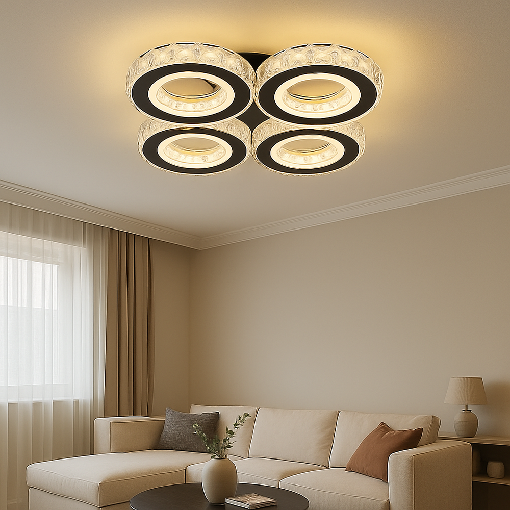 Lustra LED moderna 96W negru crom, design geometric cu telecomanda, iluminand elegant un living contemporan.