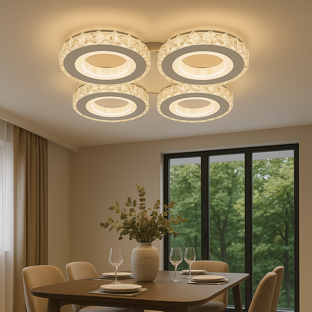 Lustra LED 19373/4WH+CR 96W cu lumina reglabila 3000–6500K, potrivita pentru zona de dining moderna ce necesita iluminare clara si atmosfera eleganta.