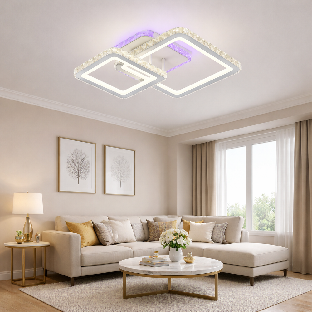 Lustra LED patrata 135W cu telecomanda design geometric montata pe tavan in living modern