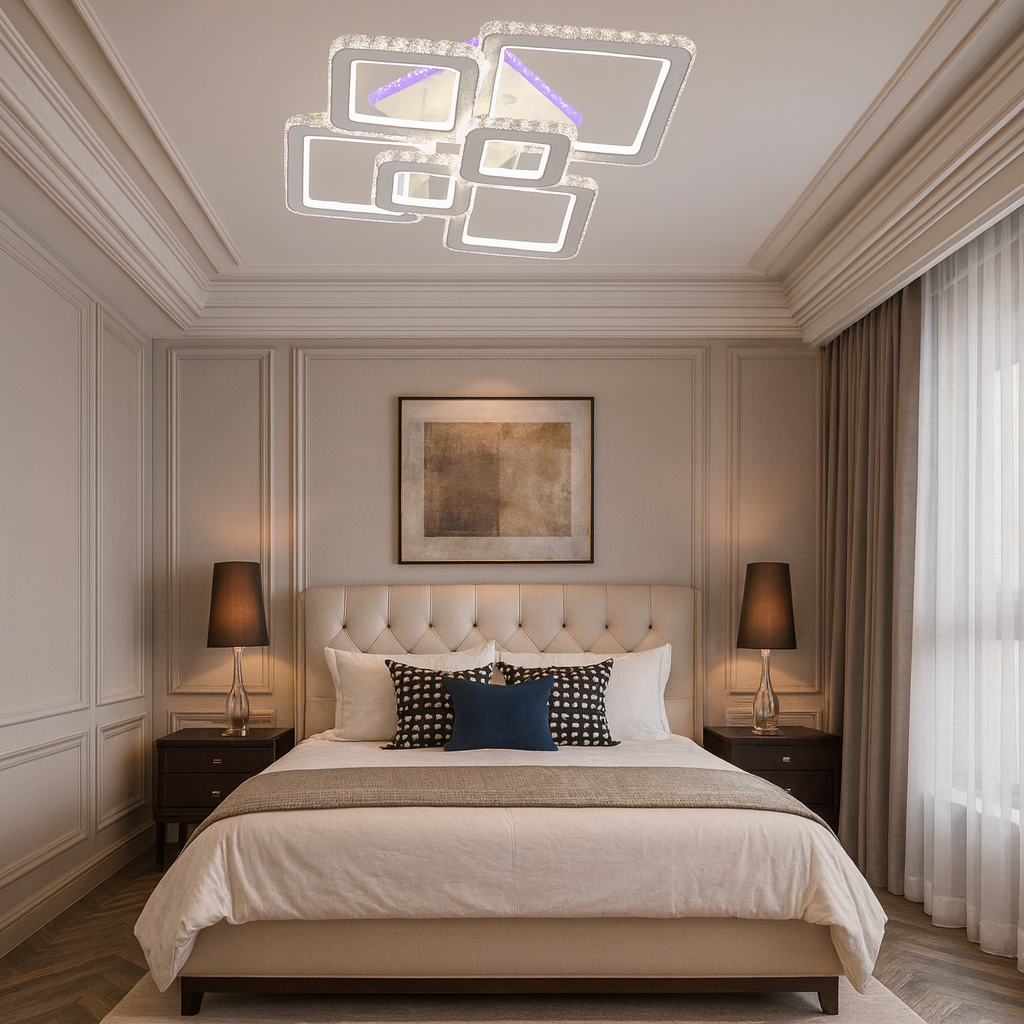 Lustra LED 288W cu lumina reglabila si telecomanda, potrivita pentru dormitoare moderne ce necesita iluminare puternica si confort vizual adaptabil.