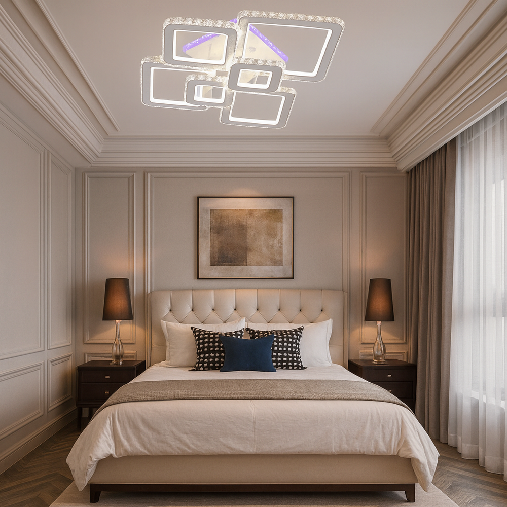 Lustra LED 288W cu lumina reglabila si telecomanda, potrivita pentru dormitoare moderne ce necesita iluminare puternica si confort vizual adaptabil.