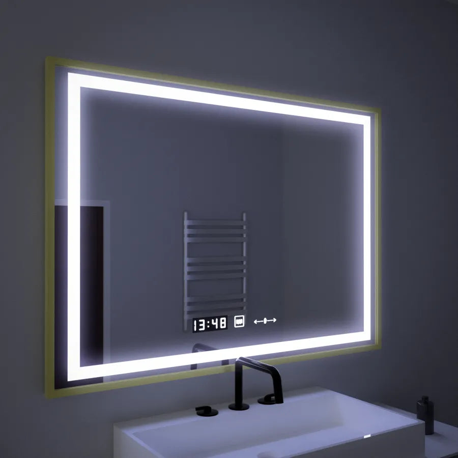 Oglinda smart 100x80 cm cu LED, dezaburire, control tactil, ceas digital si afisaj temperatura, ideala pentru bai moderne.
