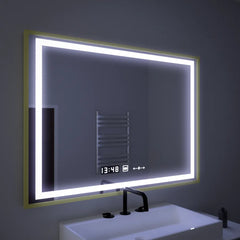 Oglinda smart 100x80 cm cu LED, dezaburire, control tactil, ceas digital si afisaj temperatura, ideala pentru bai moderne.
