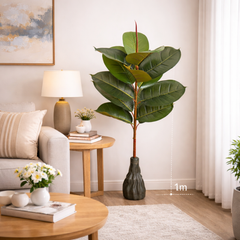 Copac artificial Ficus 100 cm cu frunze late lucioase, decor living modern elegant, aspect natural rafinat