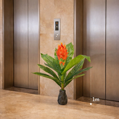 Planta artificiala tropicala 100 cm floare rosu-portocaliu tip fruct dragon, decor hol lift hotel modern exotic, frunze verzi realiste