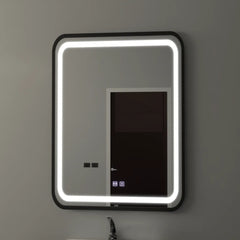 Oglinda LED dreptunghiulara 60x80 cm cu rama negru carbon, control tactil, lumina rece si sistem de dezaburire pentru baie moderna.
