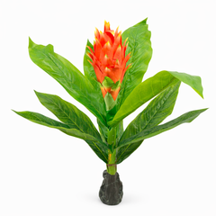 Planta artificiala tropicala 100 cm floare rosu-portocaliu, fundal transparent, frunze verzi naturale, decor interior exotic elegant