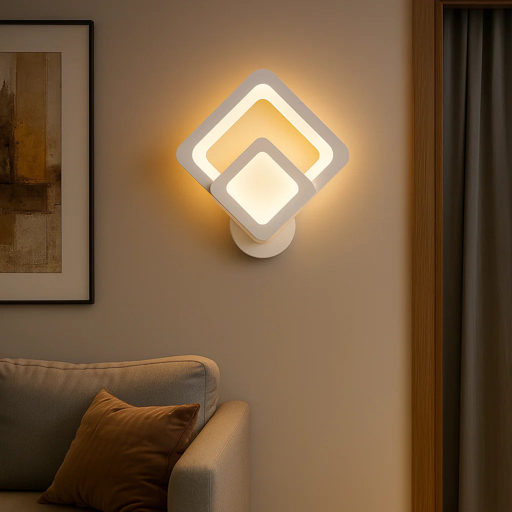 Aplica LED B02 32W, forma geometrica rafinata, iluminand uniform un living contemporan cu accente moderne