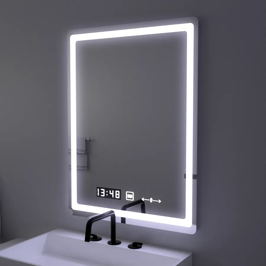 Oglinda LED 60x80 cm cu dezaburire, ceas, termometru si control tactil, ideala pentru bai moderne.
