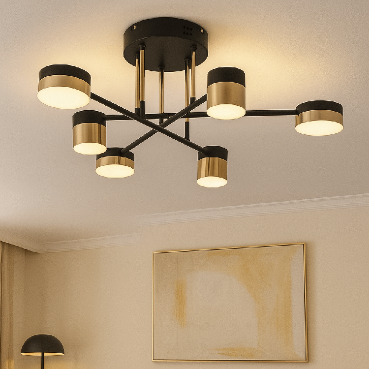 Lustra LED eleganta cu 6 brate black-gold in dormitor, iluminare ajustabila si telecomanda inclusa.