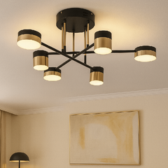 Lustra LED eleganta cu 6 brate black-gold in dormitor, iluminare ajustabila si telecomanda inclusa.