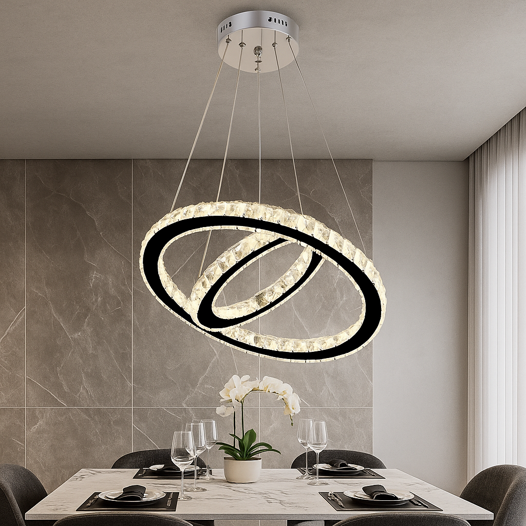 Lustra LED cristal 2 cercuri 80W cu telecomanda, punct central luxos pentru zona de dining