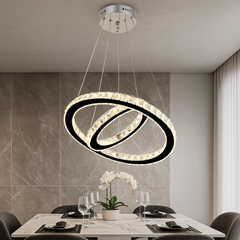 Lustra LED cristal 2 cercuri 80W cu telecomanda, punct central luxos pentru zona de dining