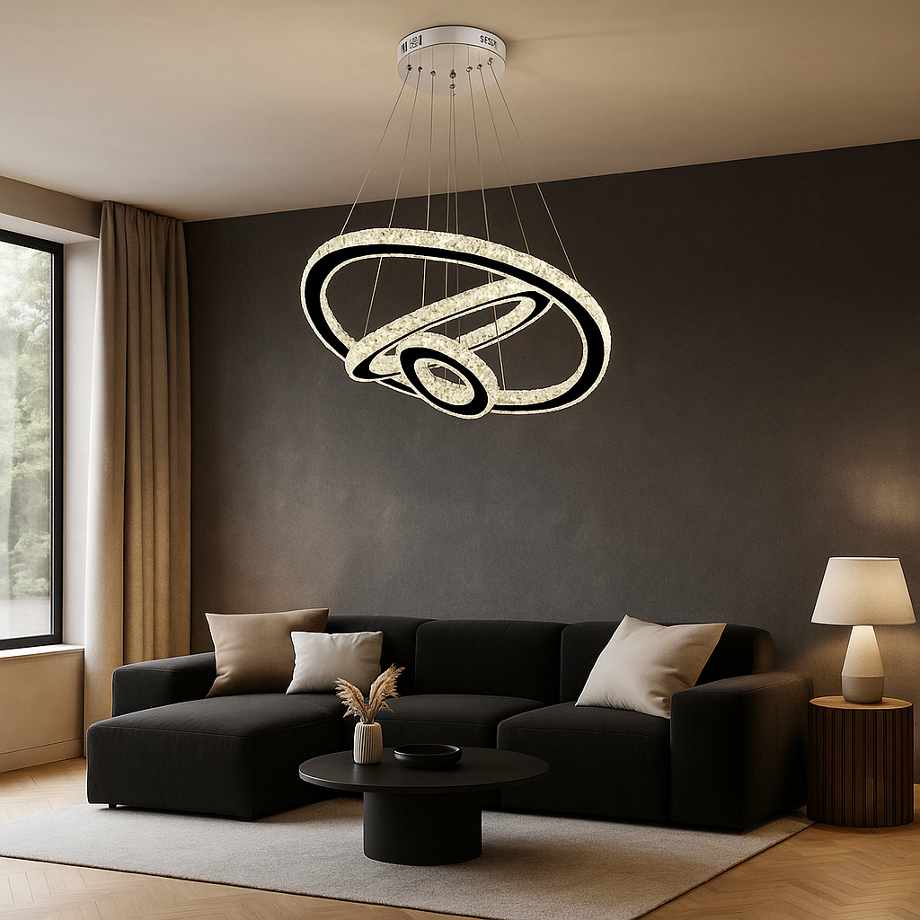 Lustra LED cristal trei cercuri 174W cu telecomanda, design spectaculos pentru living cu tavan inalt