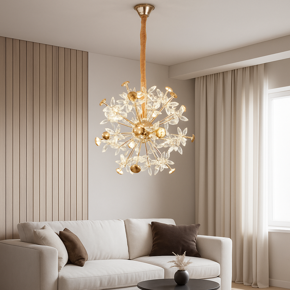 Candelabru rotund auriu cu cristale in living modern, 18 surse G4, efect luxos, lumina spectaculoasa, diametru 500 mm