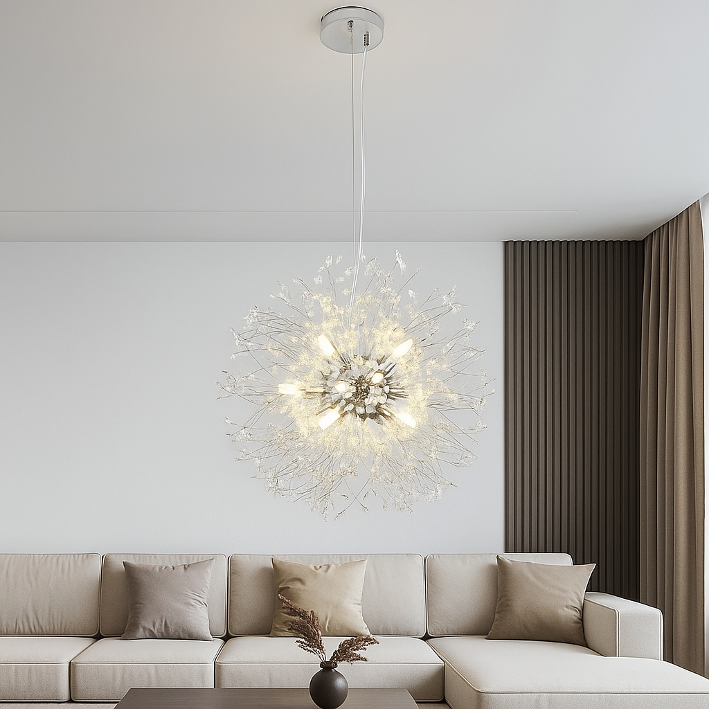 Candelabru LED modern argintiu, 12 surse, forma eleganta Ø550 mm, iluminare puternica pentru living spatios si rafinat.