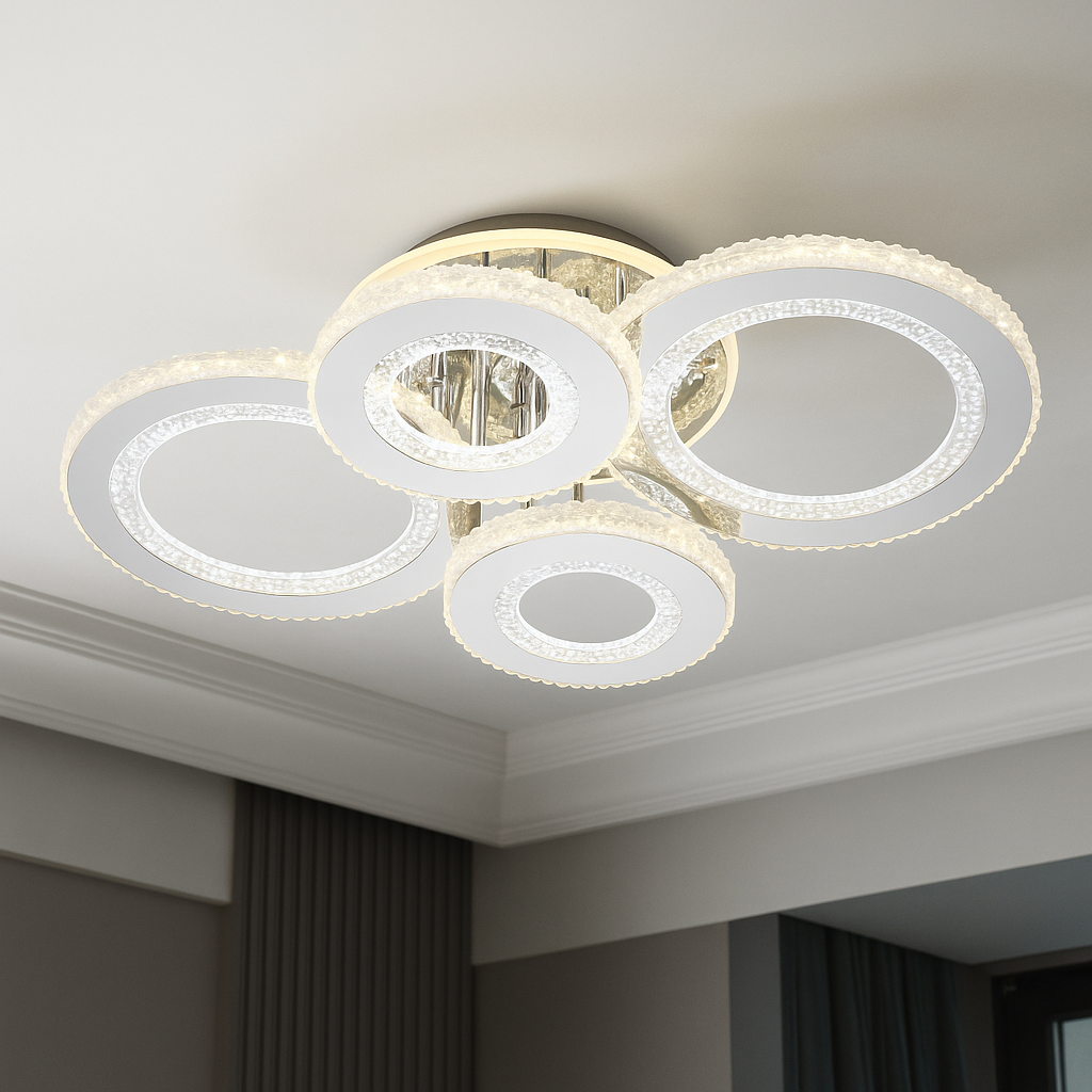 Lustra LED 26064/2+2CR 148W cu telecomanda si lumina 3000–6500K, perfecta pentru livinguri moderne ce necesita iluminare reglabila si finisaj elegant cromat.