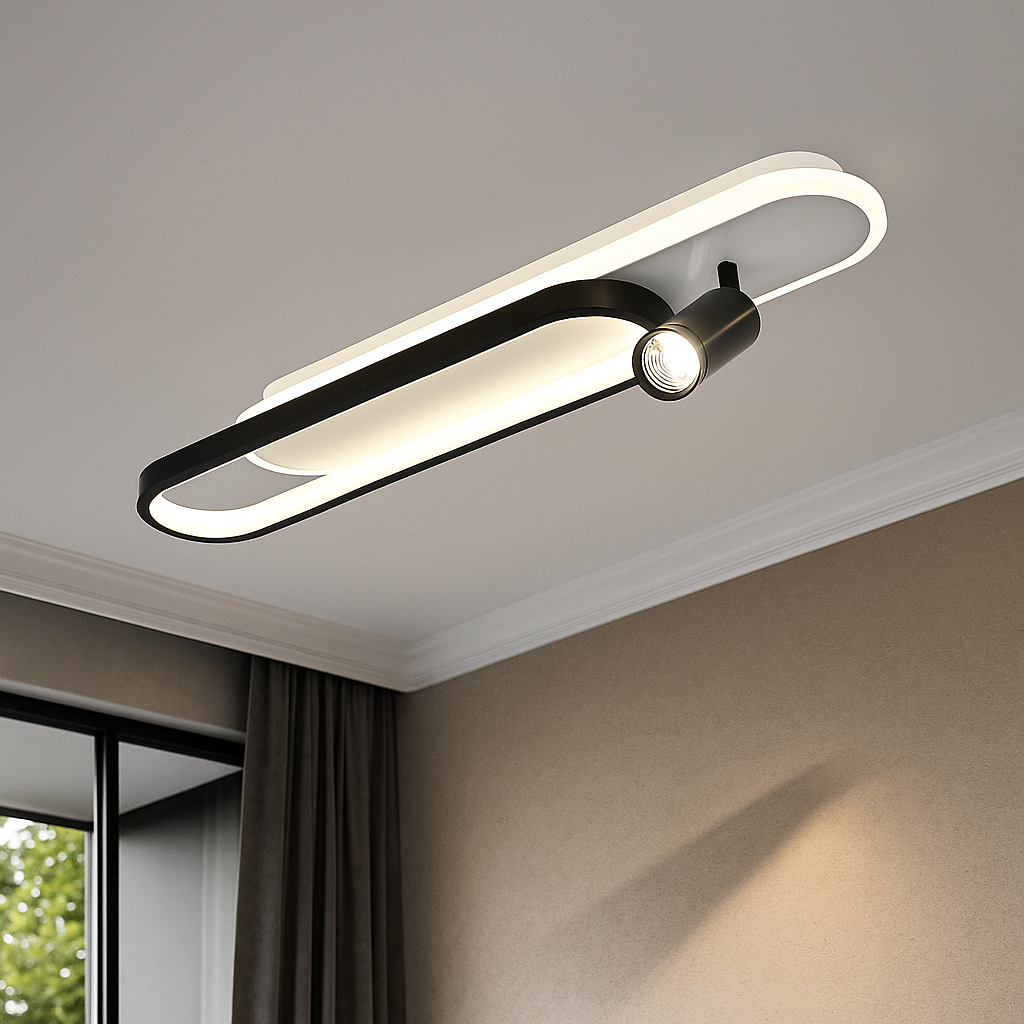 Aplica LED LUBAN Duo Vision 600mm alb-negru, design modular cu telecomanda si spot directionat, montata in dormitor modern