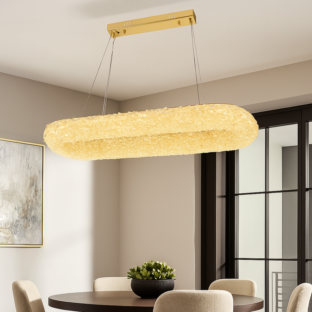 Pendul LED dreptunghiular auriu 300×850 mm cu telecomanda, iluminare uniforma deasupra mesei din dining.
