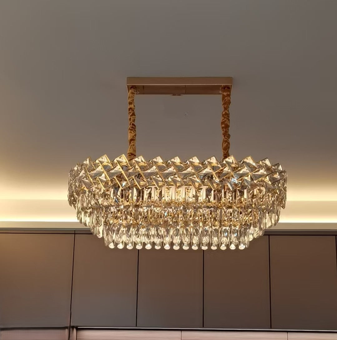 Candelabru cristale dreptunghiular auriu 800x300 mm in living modern, 8 E27, iluminare decorativa eleganta