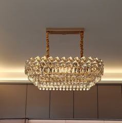 Candelabru cristale dreptunghiular auriu 800x300 mm in living modern, 8 E27, iluminare decorativa eleganta