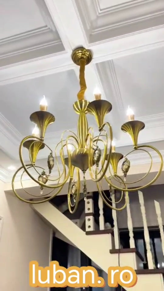 Candelabru rotund cupru antic 5 brate E14, decor vintage, iluminare eleganta pentru scari interioare.