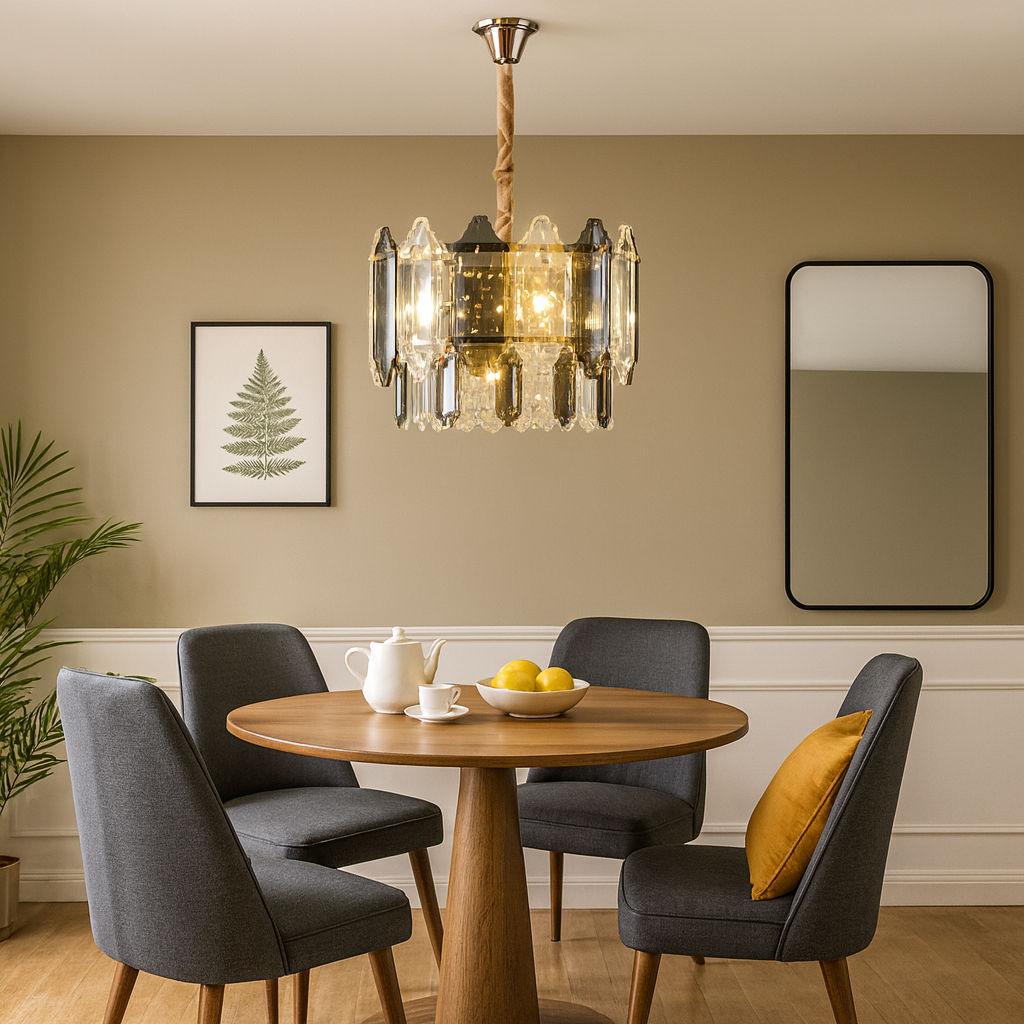 Candelabru rotund auriu cu 3 becuri, adaugand lumina uniforma si rafinament unei zone de dining intime si elegante.