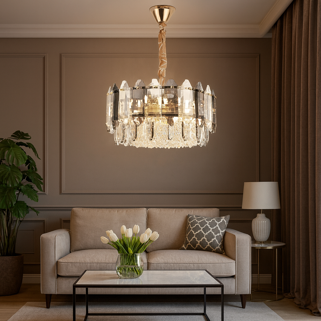 Candelabru rotund auriu cu 9 surse E27, oferind iluminare ampla si eleganta unui living clasic sau modern, cu accente premium.