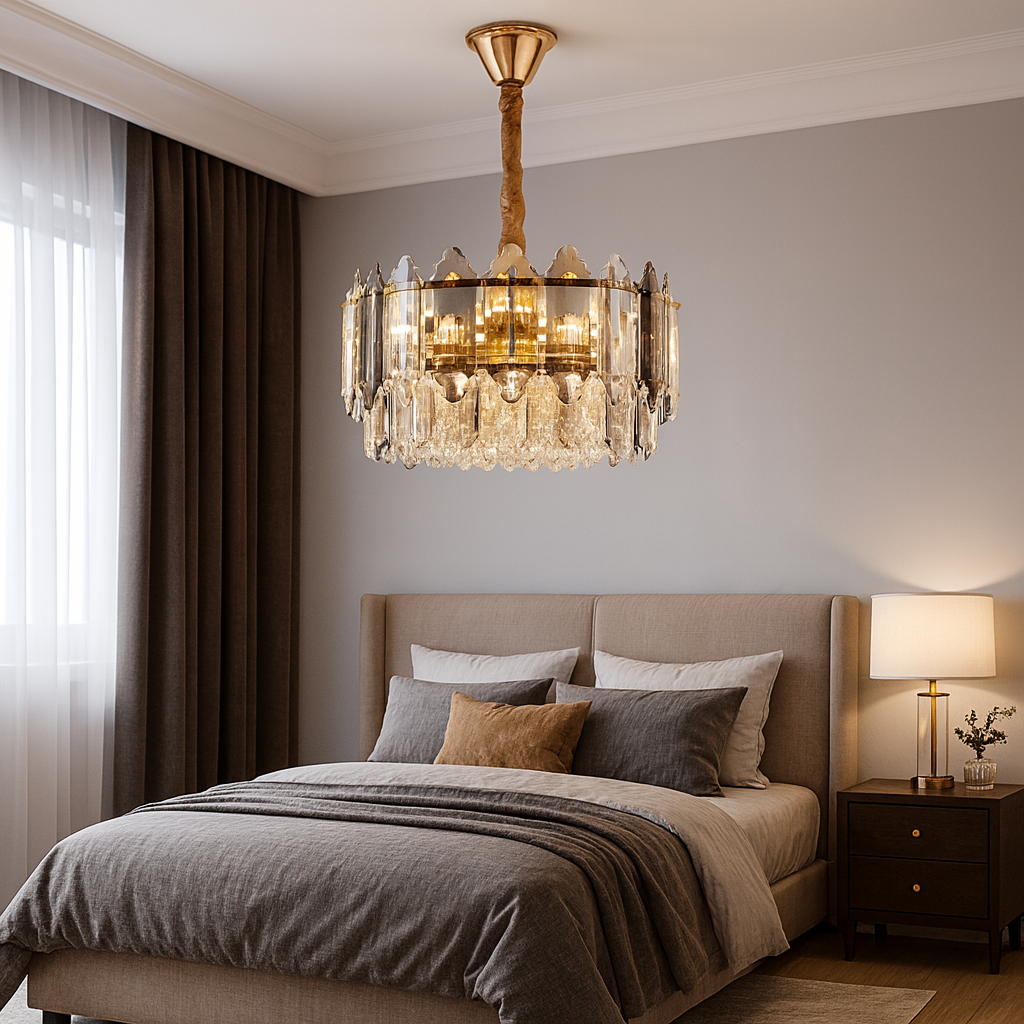 Candelabru rotund clasic cu 9 E27, creand atmosfera calda si eleganta intr-un dormitor decorat in stil traditional.